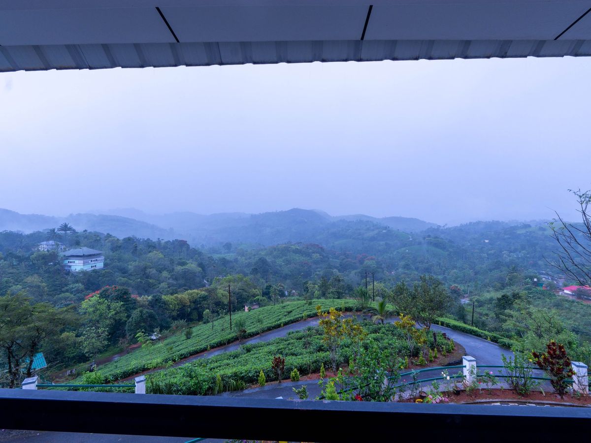 View from the Zen Garden Vagamon balcony over tea gardens and misty hills